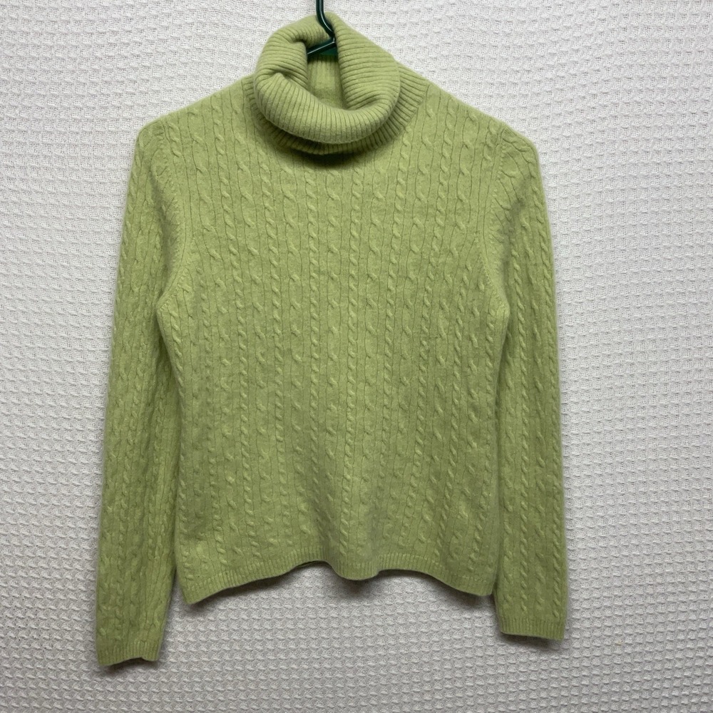 Griffen Lime Green Turtleneck 100% Cashmere Sweater Womens XL Cable Knit